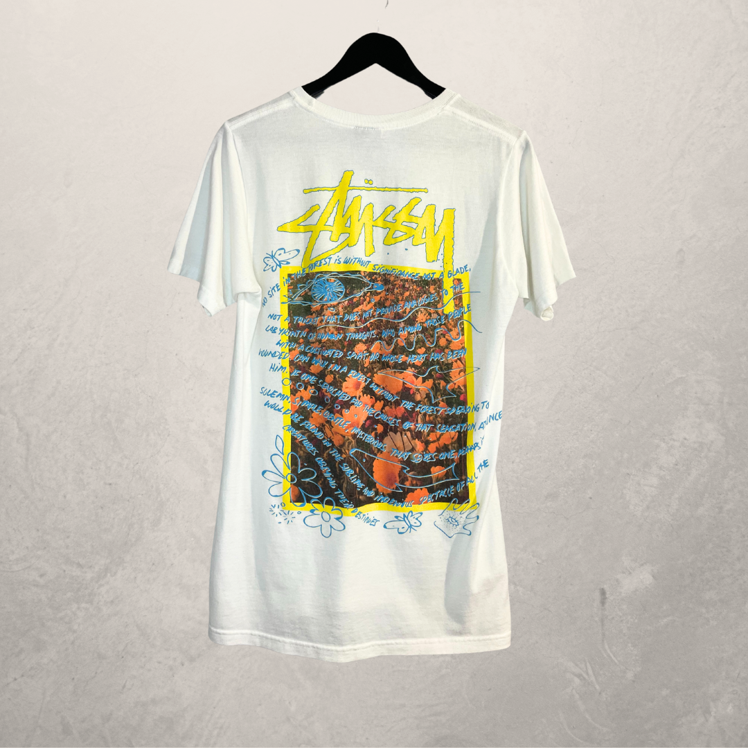 Stussy gebroken wit geeloranje grafisch t-shirt L
