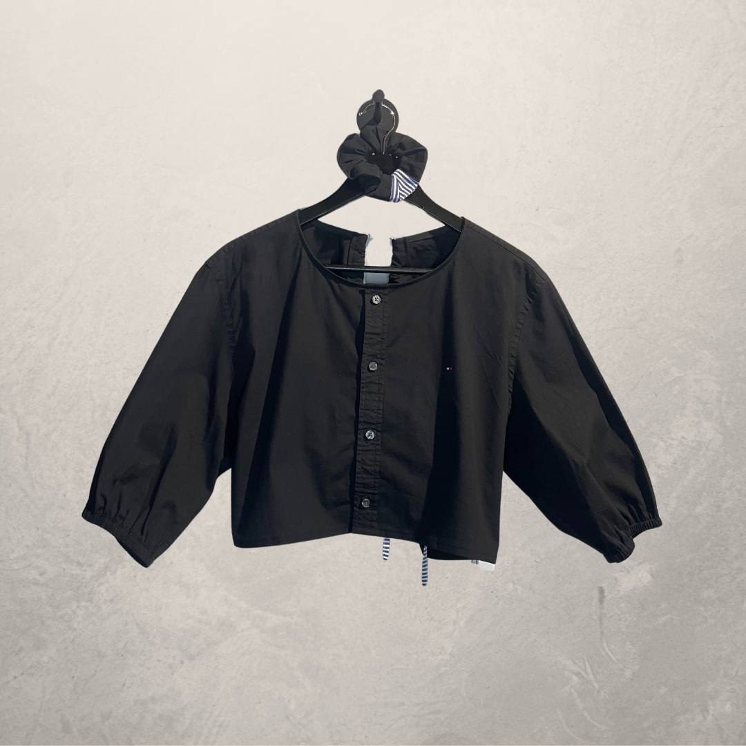 Tommy Hilfiger black cropped open back tie blouse M/L- By Mees.Makes