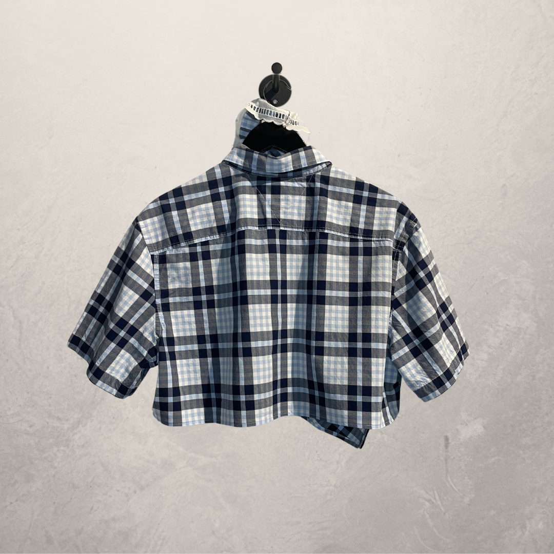 Tommy Hilfiger blue plaid cropped wrap tie shirt M/L- By Mees.Makes