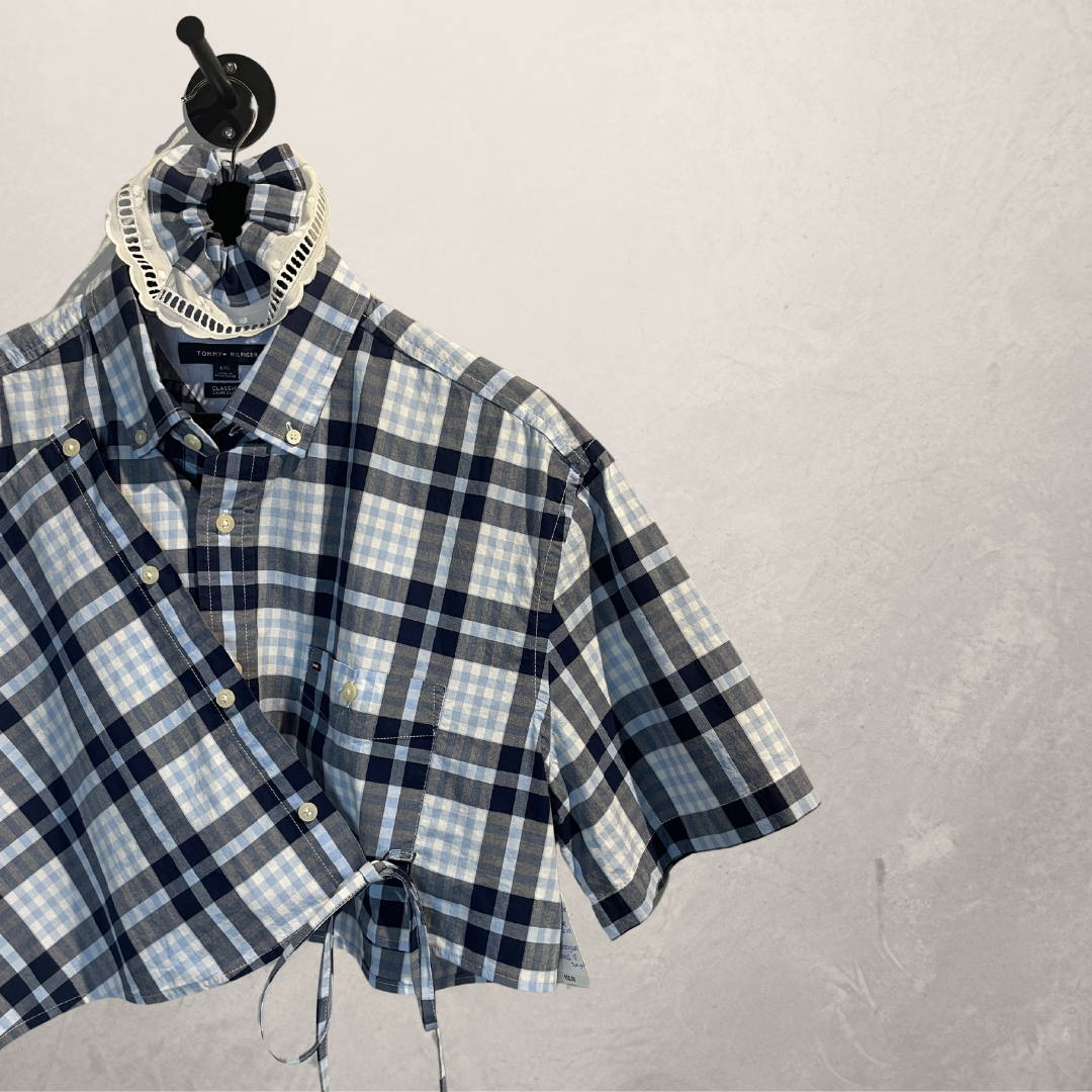 Tommy Hilfiger blue plaid cropped wrap tie shirt M/L- By Mees.Makes