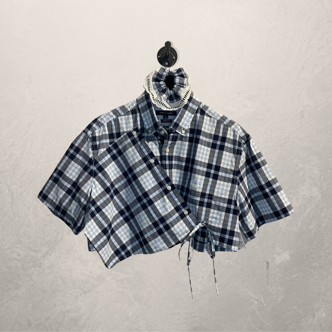 Tommy Hilfiger blue plaid cropped wrap tie shirt M/L- By Mees.Makes