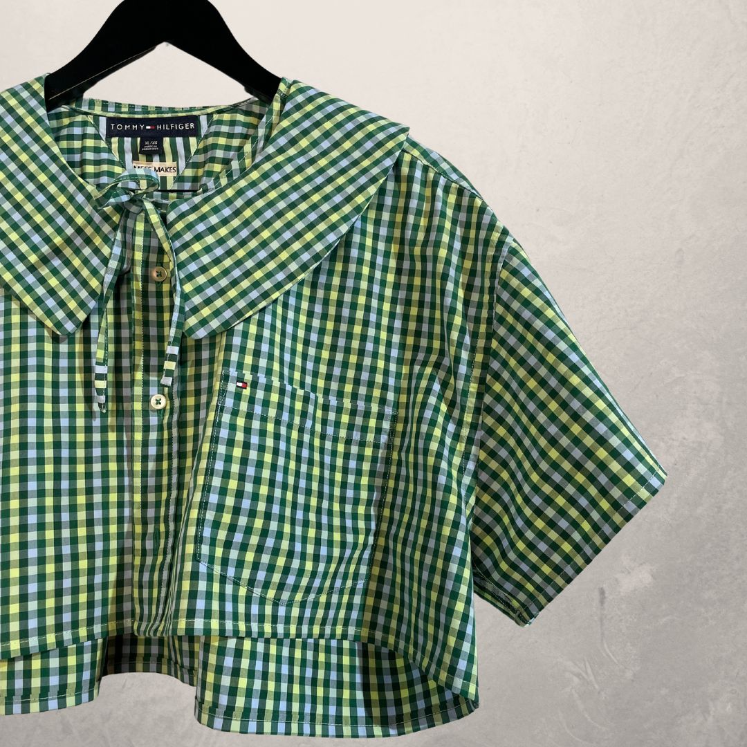 Tommy Hilfiger groene geruite cropped blouse met kraag M/L - Van Mees.Makes