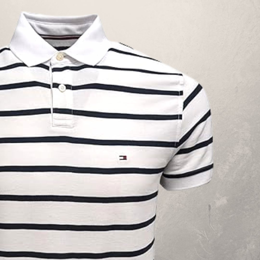 Tommy Hilfiger wit marineblauw gestreept poloshirt L