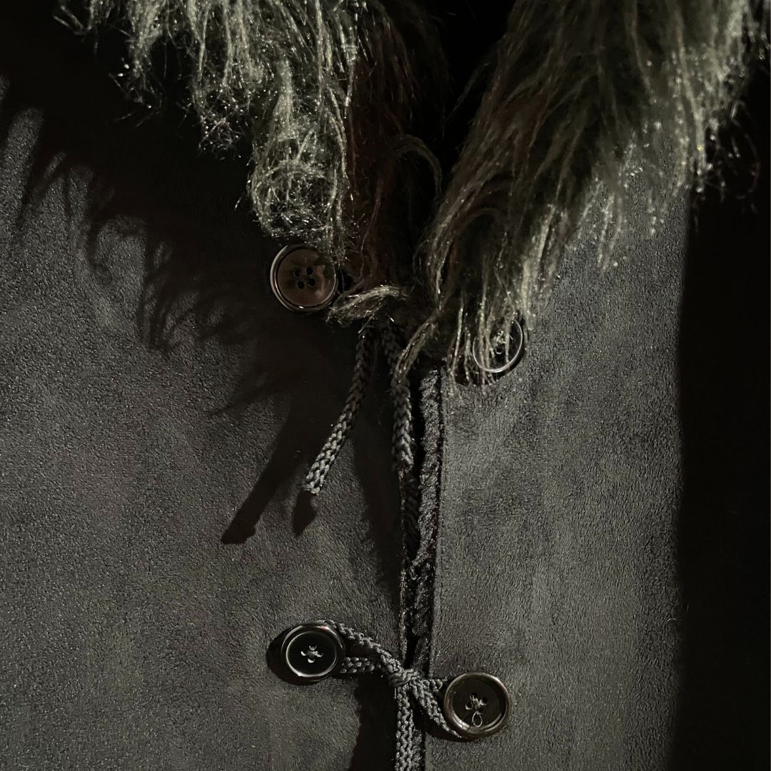 Vintage Balmain black faux fur/suede long coat XL