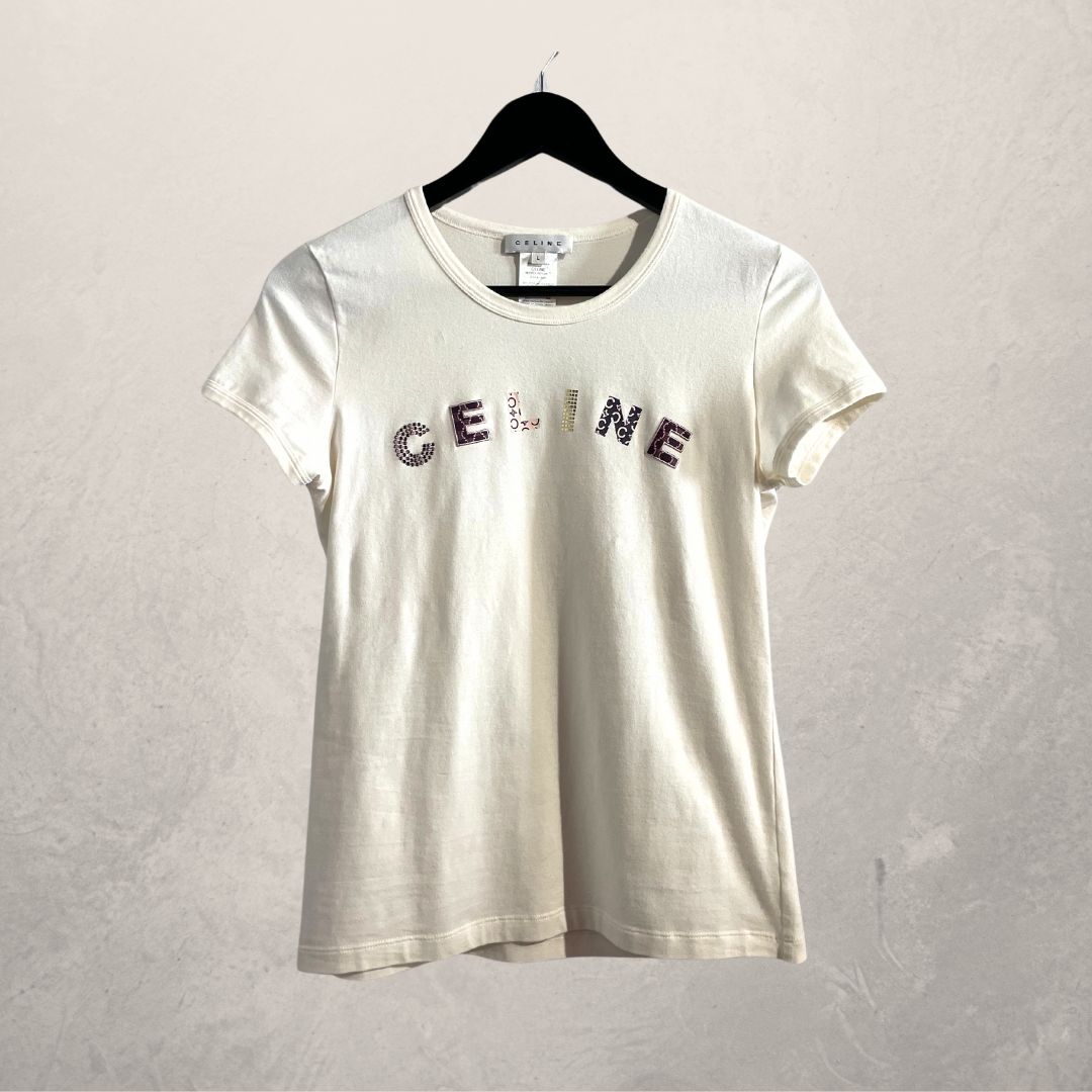 Vintage Celine wit grafisch logo baby getailleerd t-shirt S