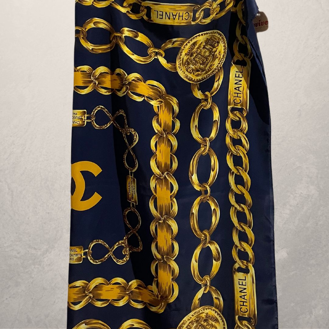 Vintage Chanel navy and gold 100% silk scarf 85cm x 85cm