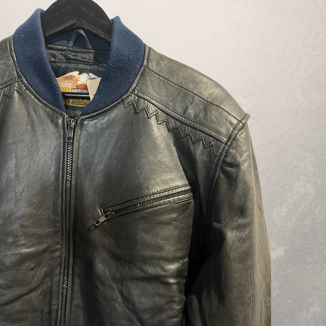 Vintage Harley Davidson blauw/zwart leren letterman jack L