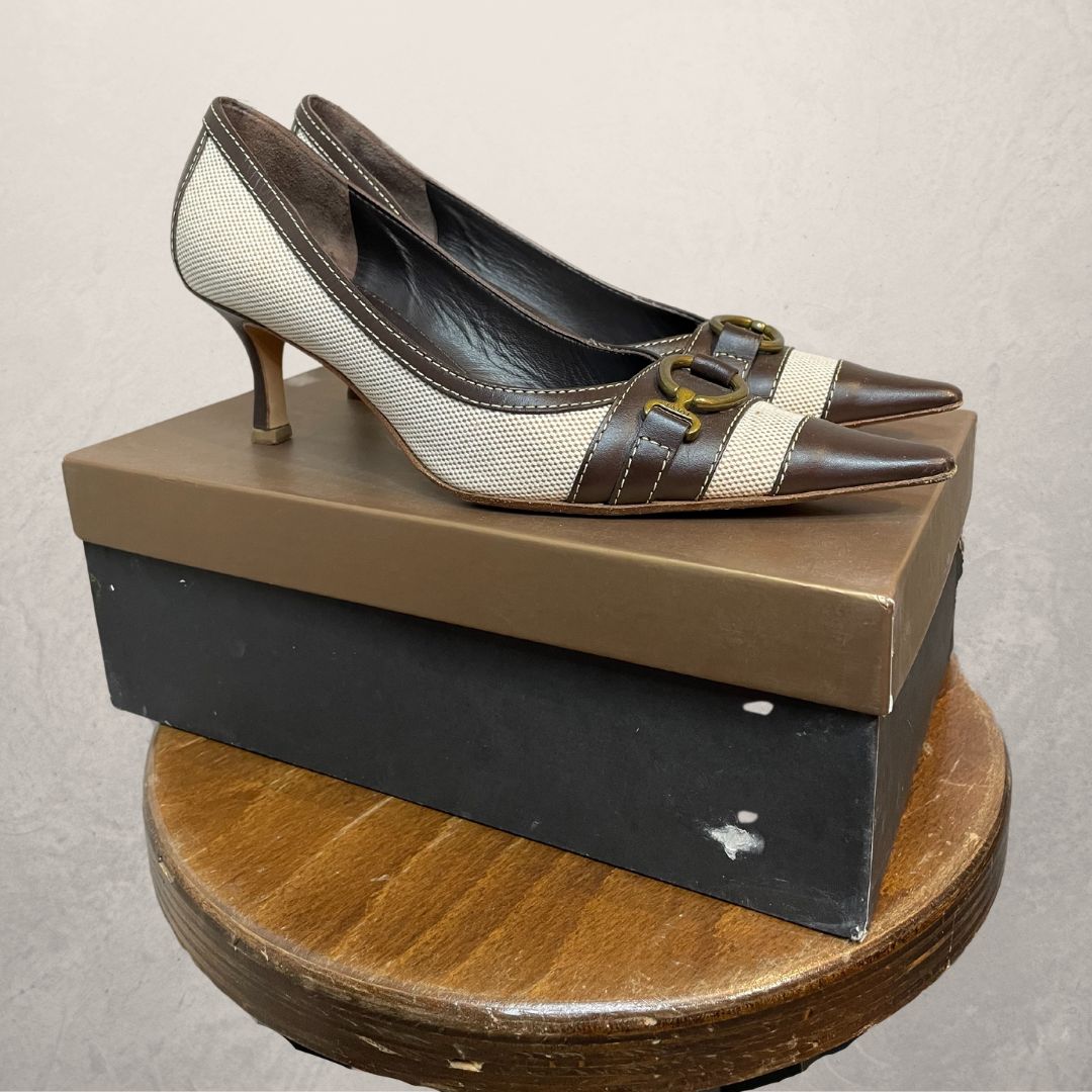 Vintage Loewe brown gold kitten heels 38