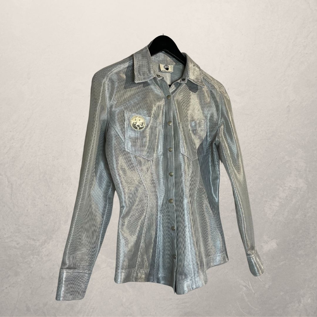 Vintage Mugler zilveren mesh getailleerd overhemd S