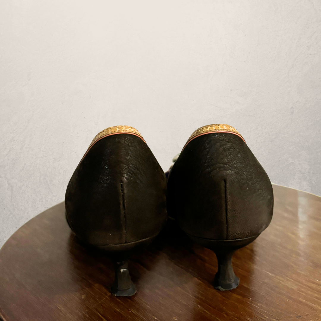 Vintage Prada brown piped buckle kitten heels 38.5