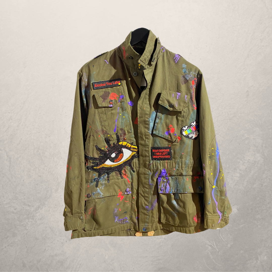 Vintage legergroen "Follow Your F*cking Dreams" geverfd jasje M/L - Door @Marrart