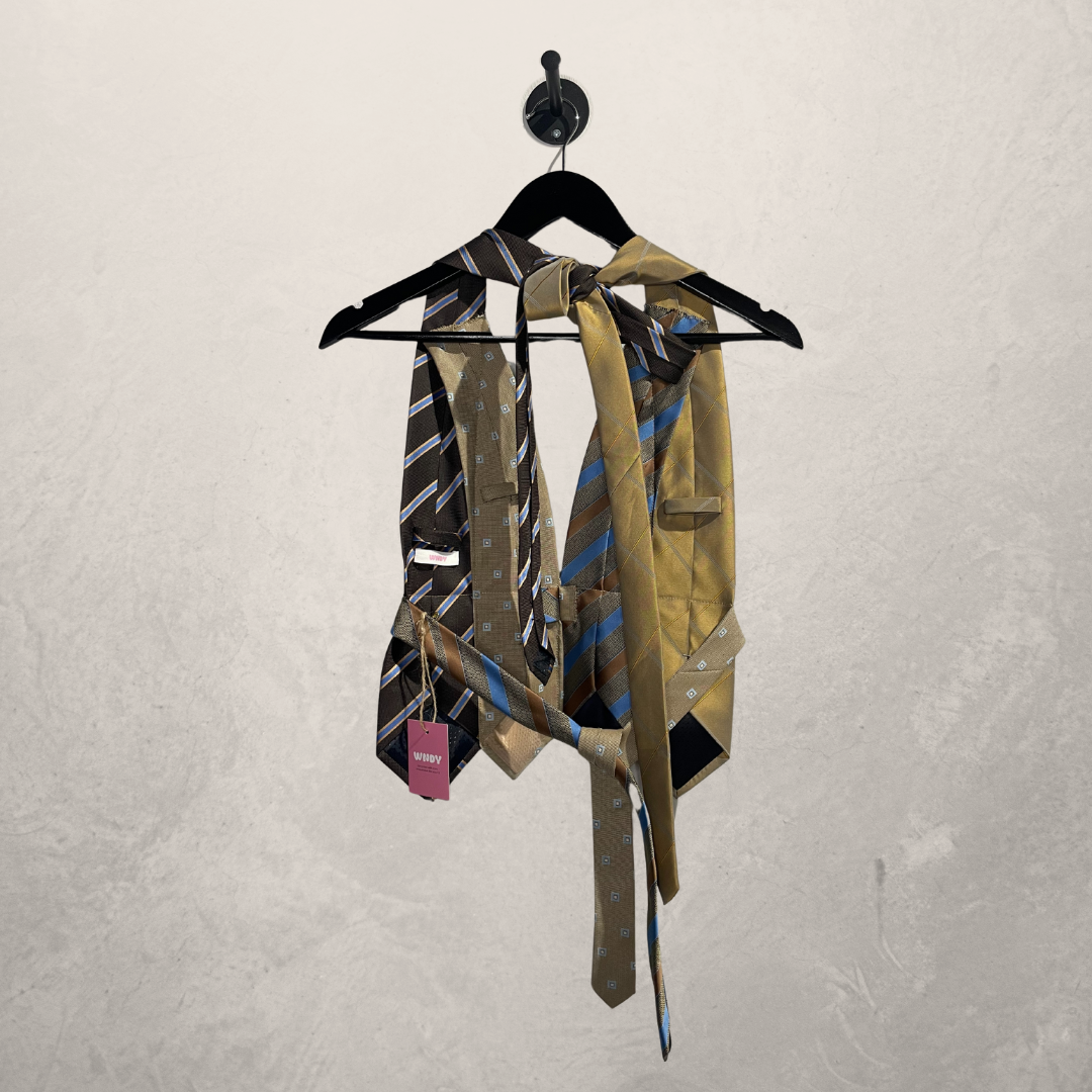 Vintage beige/blauwe haltertop OS- By WNDYdesign