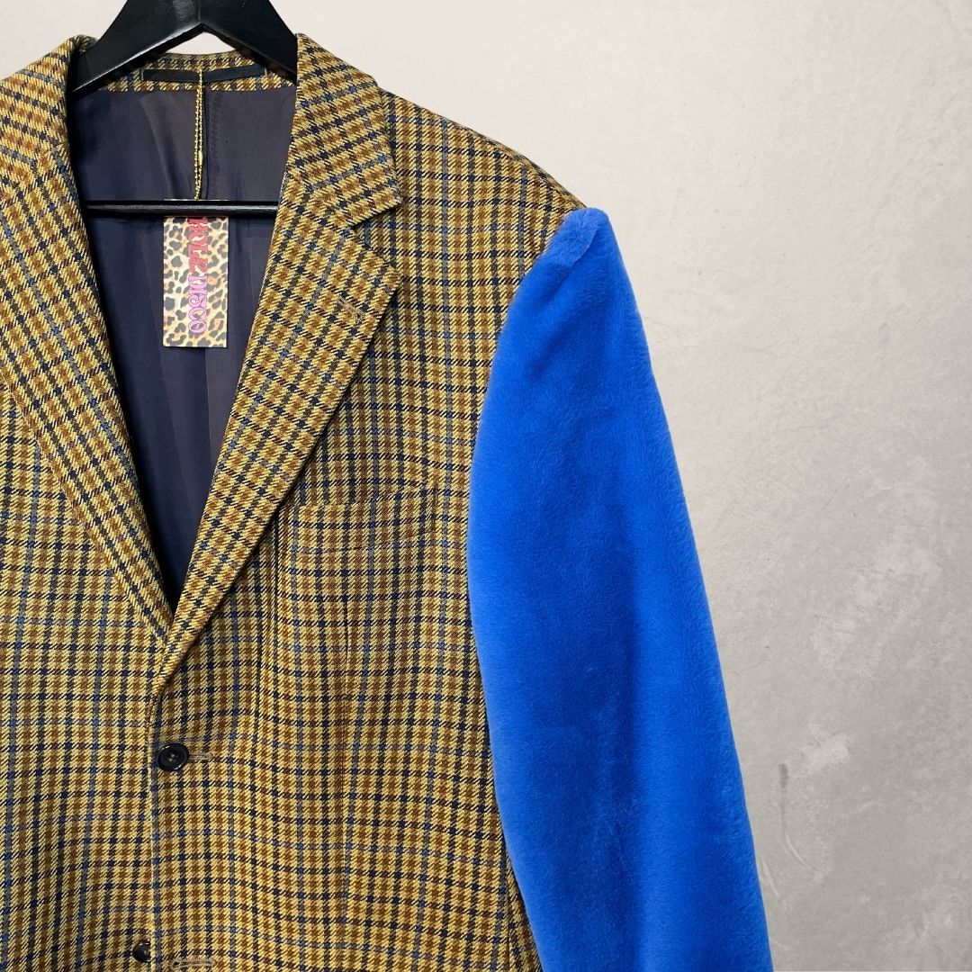 Vintage beige/blauwe bontmouwen blazer OS- By Holy Disco