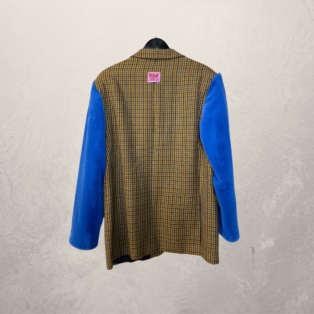 Vintage beige/blauwe bontmouwen blazer OS- By Holy Disco