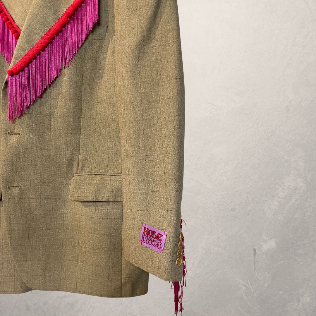 Vintage beige/roze franje en rode bies blazer OS- By Holy Disco