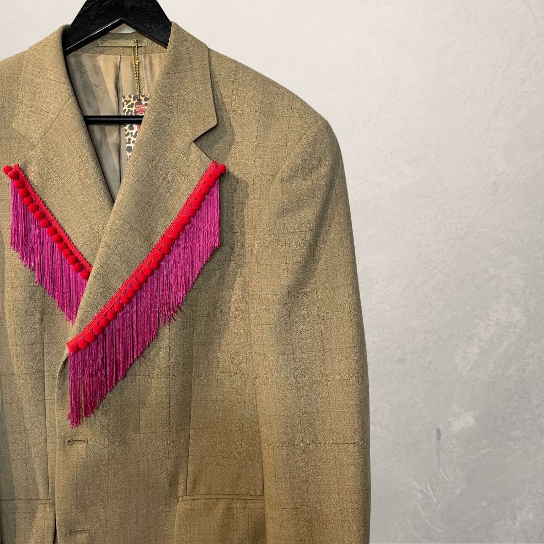Vintage beige/roze franje en rode bies blazer OS- By Holy Disco