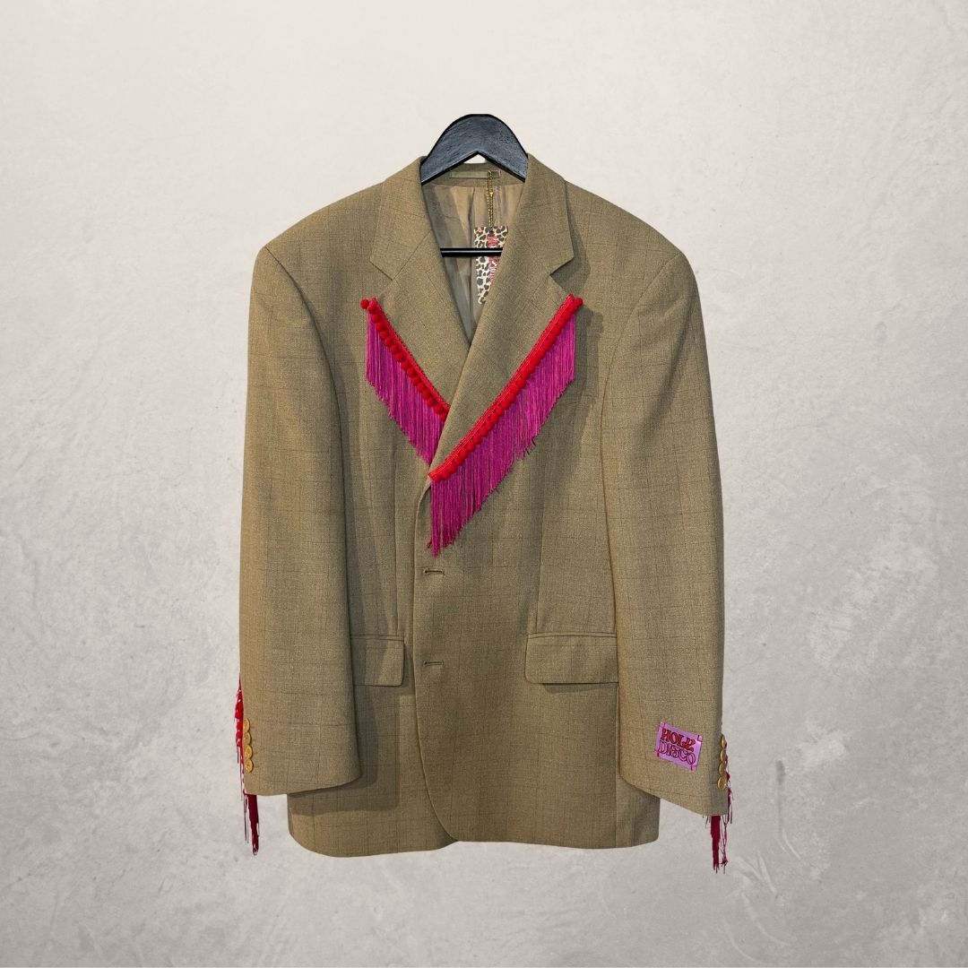 Vintage beige/roze franje en rode bies blazer OS- By Holy Disco
