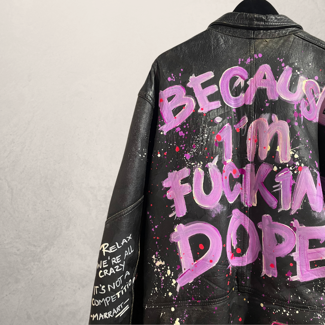 Vintage black "because im fucking dope" oversized leather jacket L- by @M.a.r.r.art