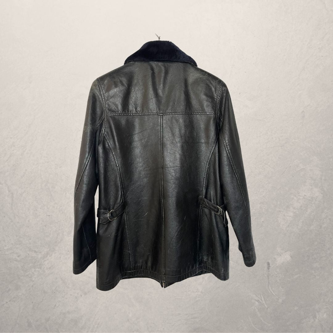 Vintage zwartblauwe bont leren jas L