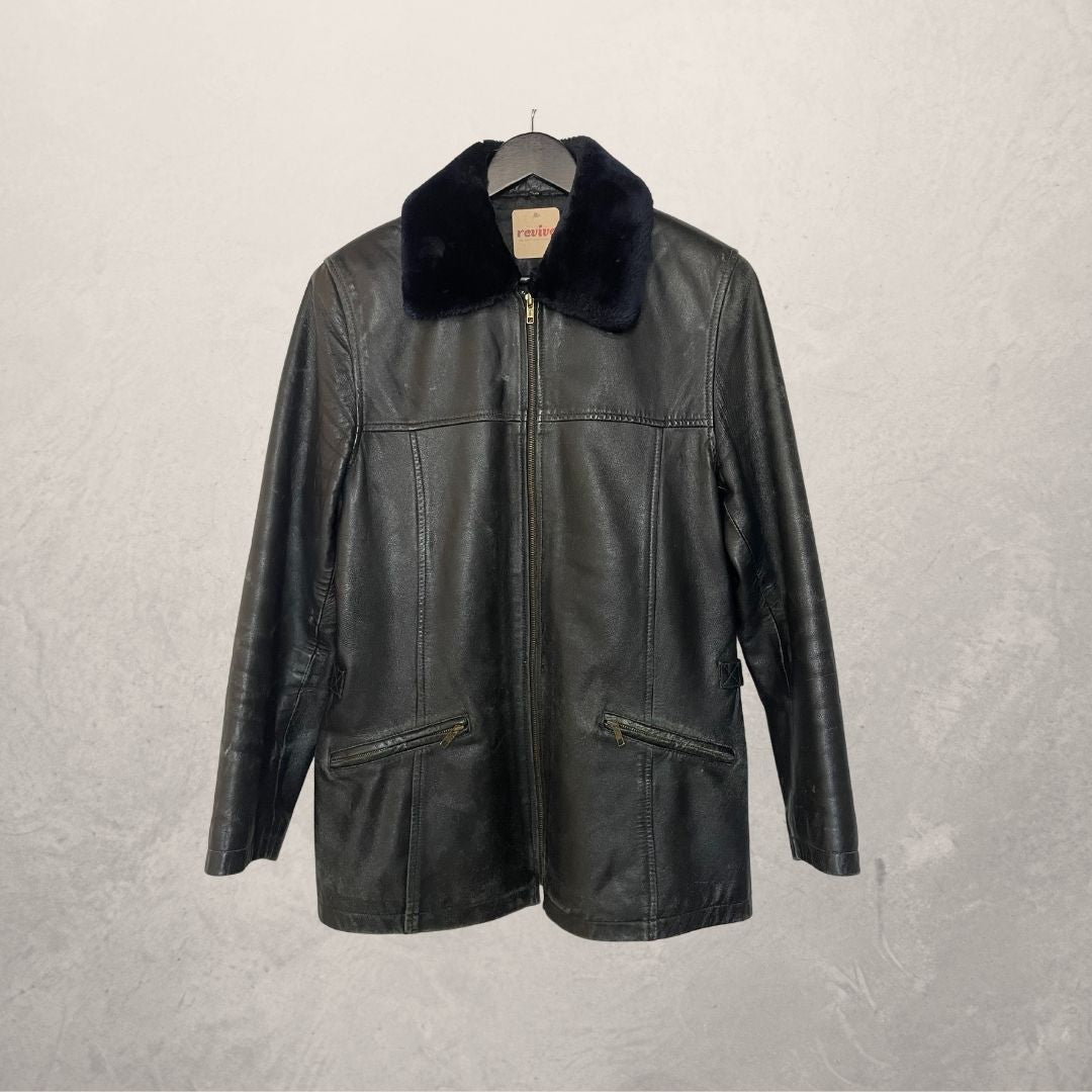 Vintage zwartblauwe bont leren jas L