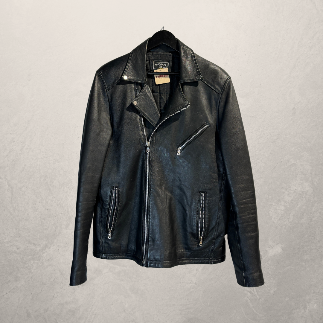 Vintage zwarte leren zilveren rits leren jas L