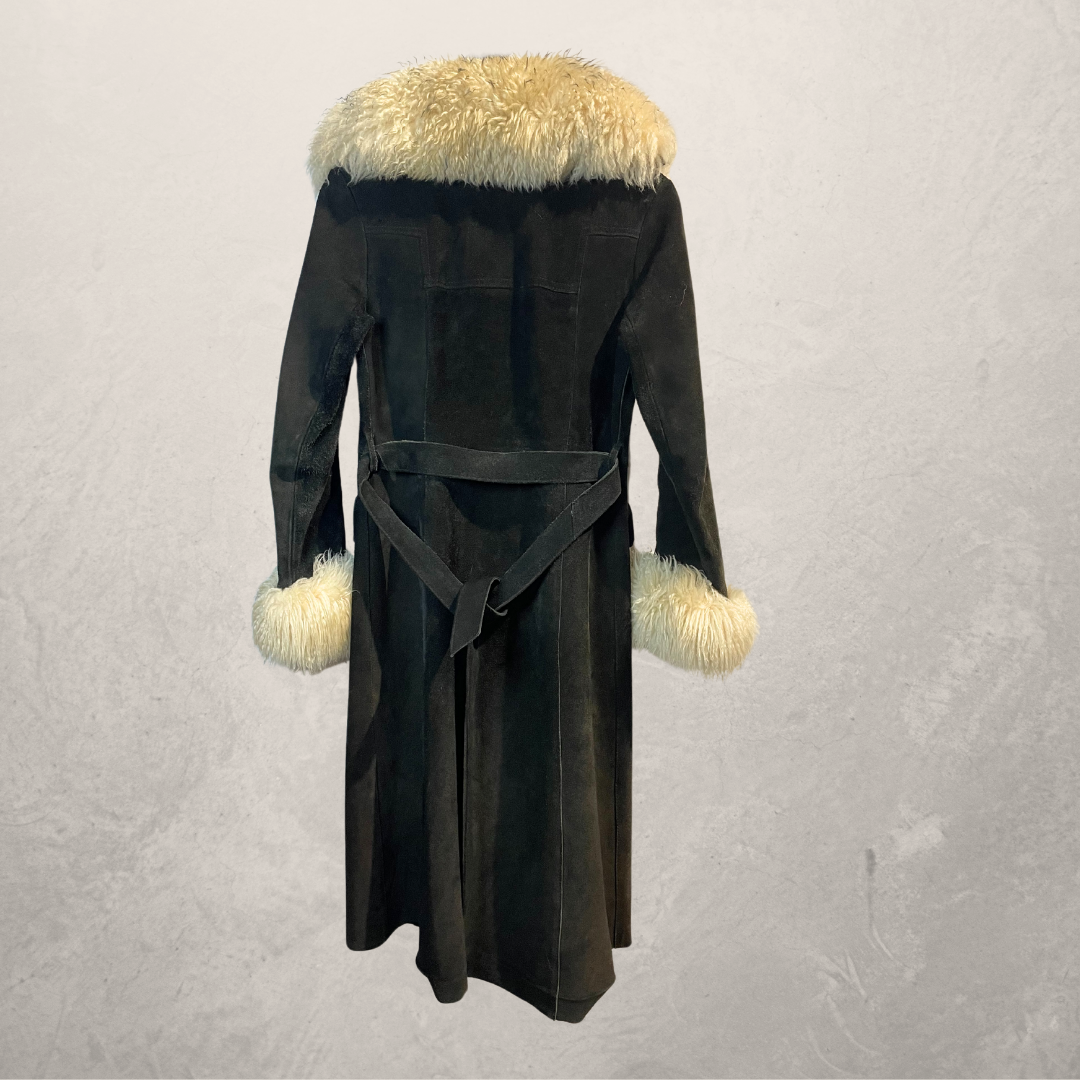 Vintage zwarte suède bontkraag lange jas XS