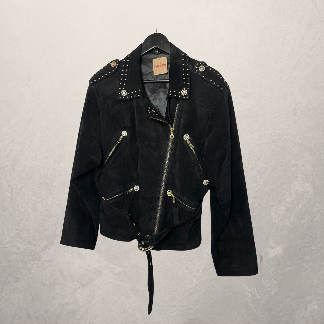Vintage zwart suède jasje met studs M
