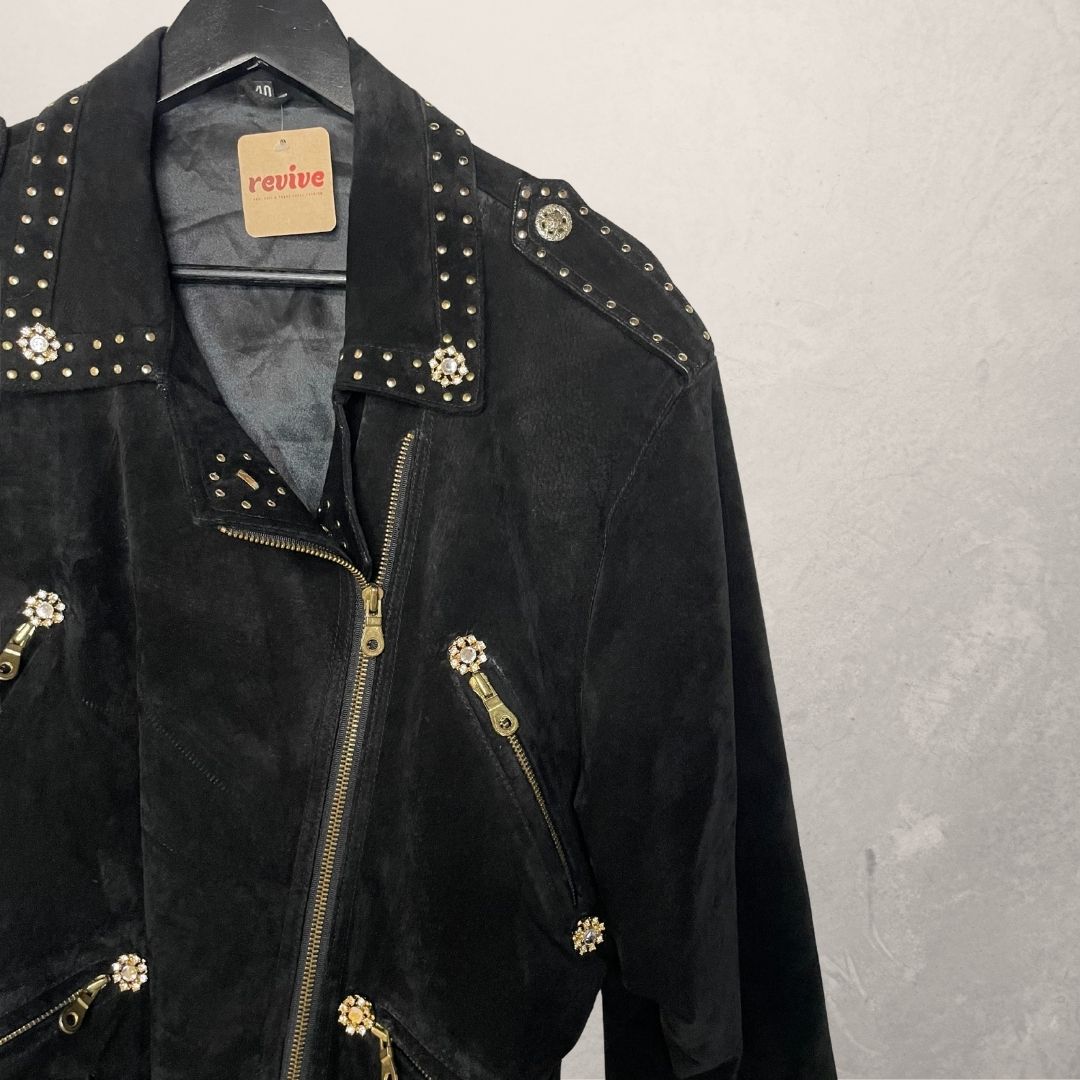 Vintage zwart suède jasje met studs M