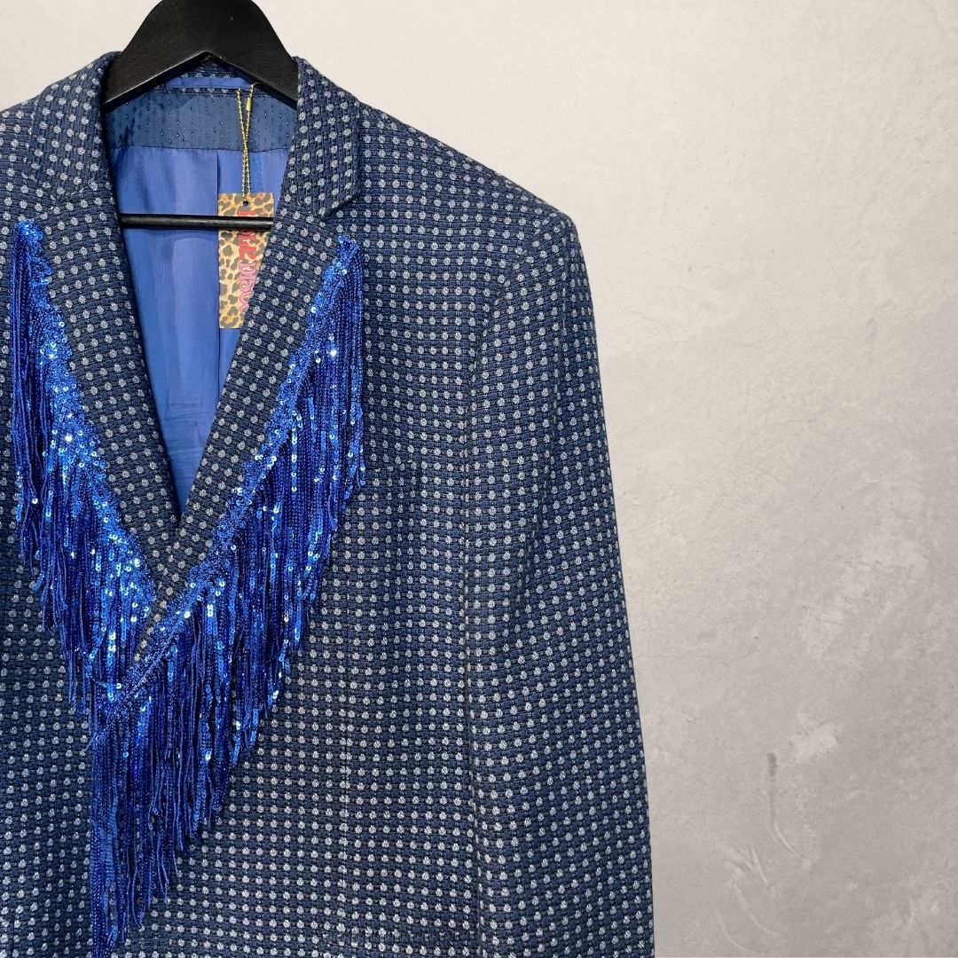 Vintage blue dots with glitter fringes blazer OS- By Holy Disco