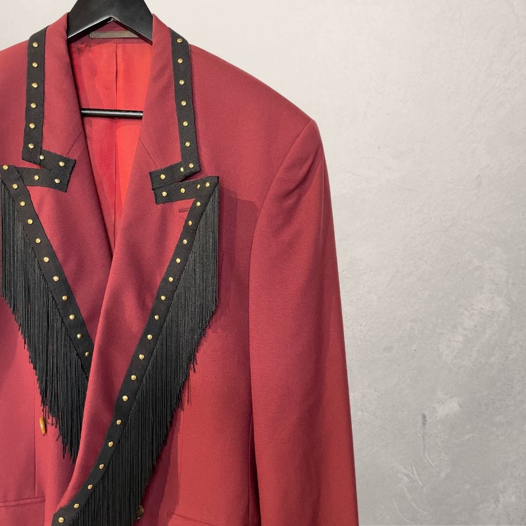 Vintage bordeauxrood/zwart franje blazer OS- By Holy Disco