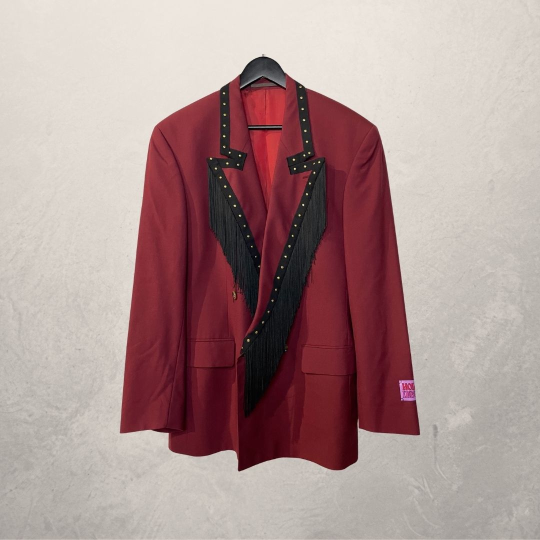 Vintage bordeauxrood/zwart franje blazer OS- By Holy Disco