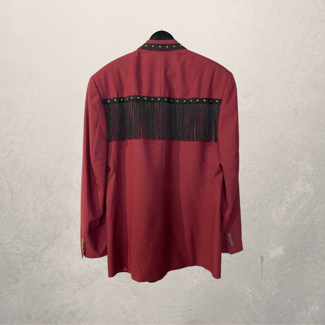 Vintage bordeauxrood/zwart franje blazer OS- By Holy Disco