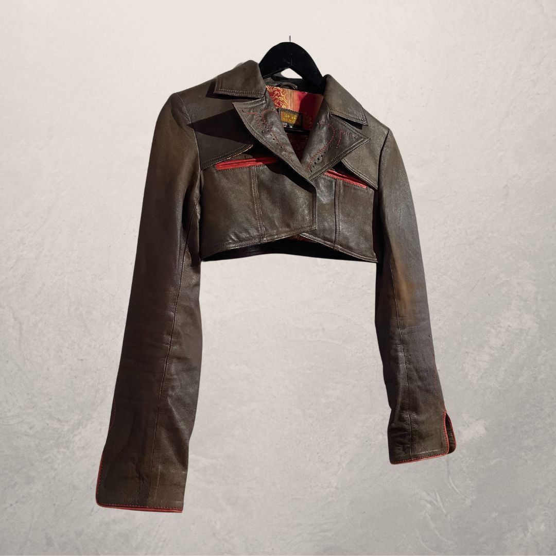 Vintage bruin leren cropped cowboyjack XS