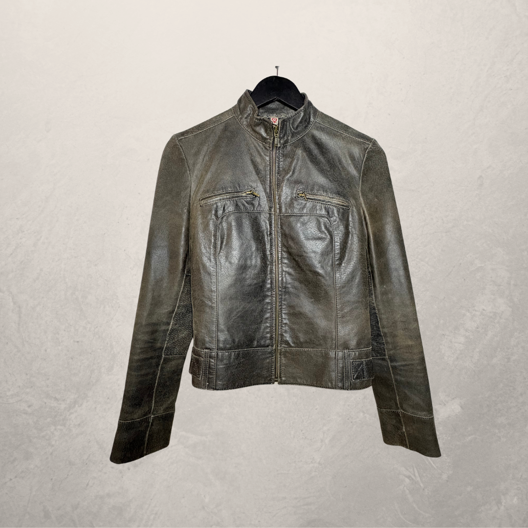 Vintage bruin leren motor fitted leren korte jack S
