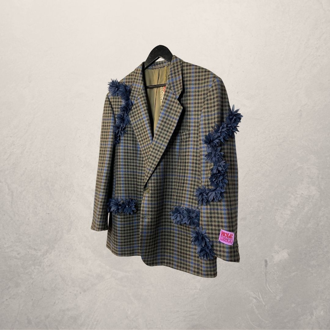 Vintage grijs/blauw bloemenblazer OS- By Holy Disco