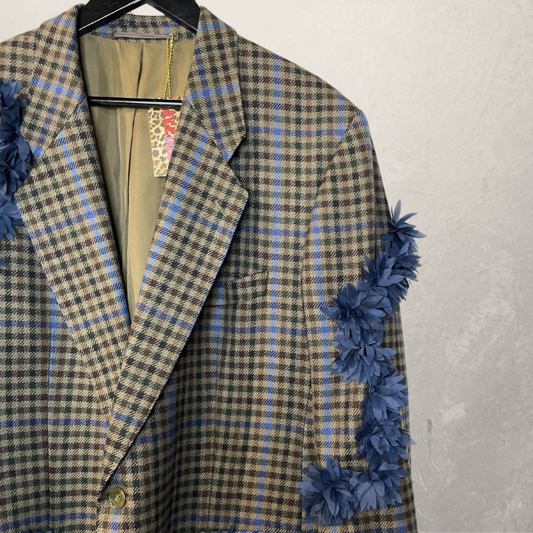 Vintage grijs/blauw bloemenblazer OS- By Holy Disco