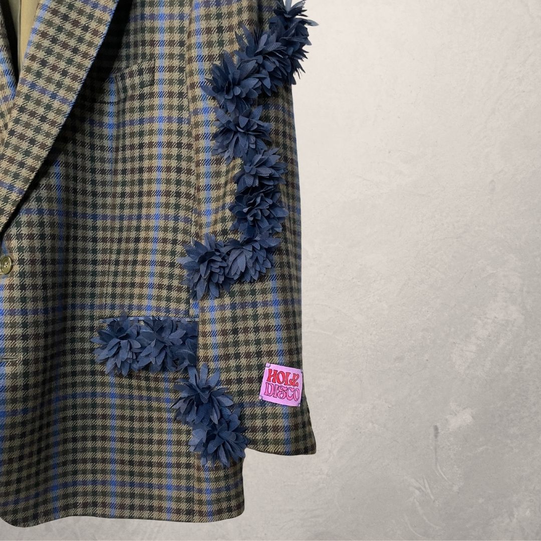 Vintage grijs/blauw bloemenblazer OS- By Holy Disco