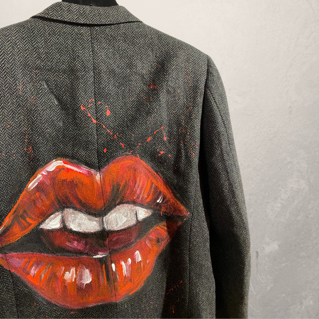 Vintage grijs geweven Red Lips blazer L - Door @Marrart