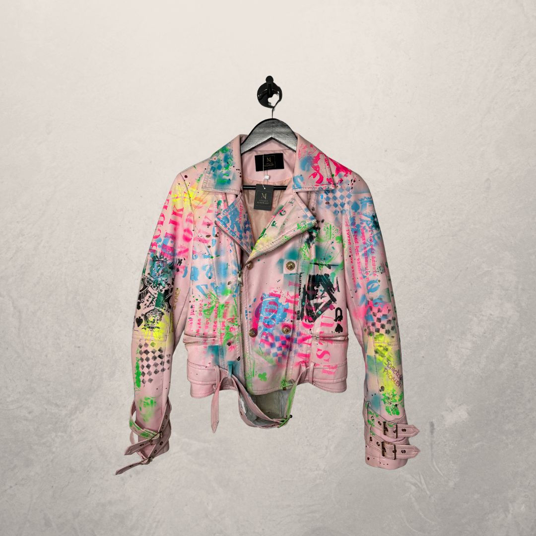 Vintage pink handpainted leather jacket XS- by MARRART