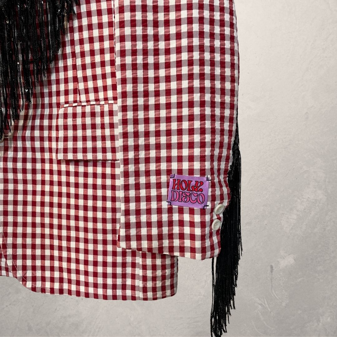 Vintage rood geruit met zwarte glitterfranjes blazer OS- By Holy Disco