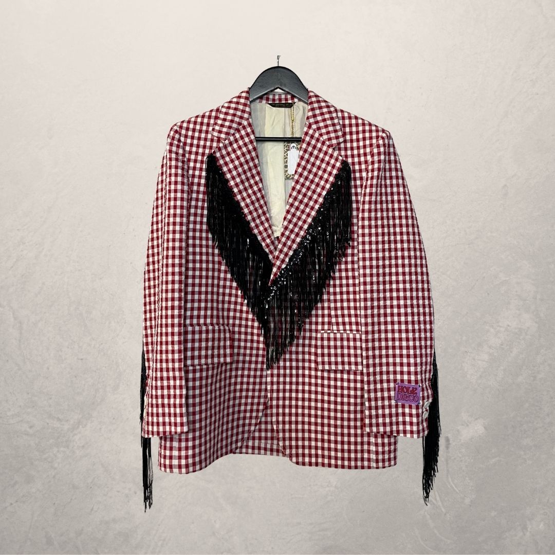 Vintage rood geruit met zwarte glitterfranjes blazer OS- By Holy Disco