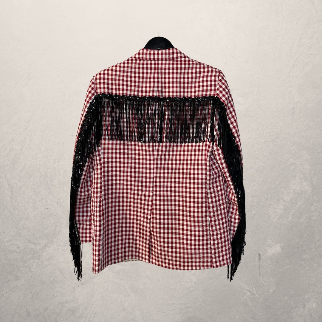 Vintage rood geruit met zwarte glitterfranjes blazer OS- By Holy Disco