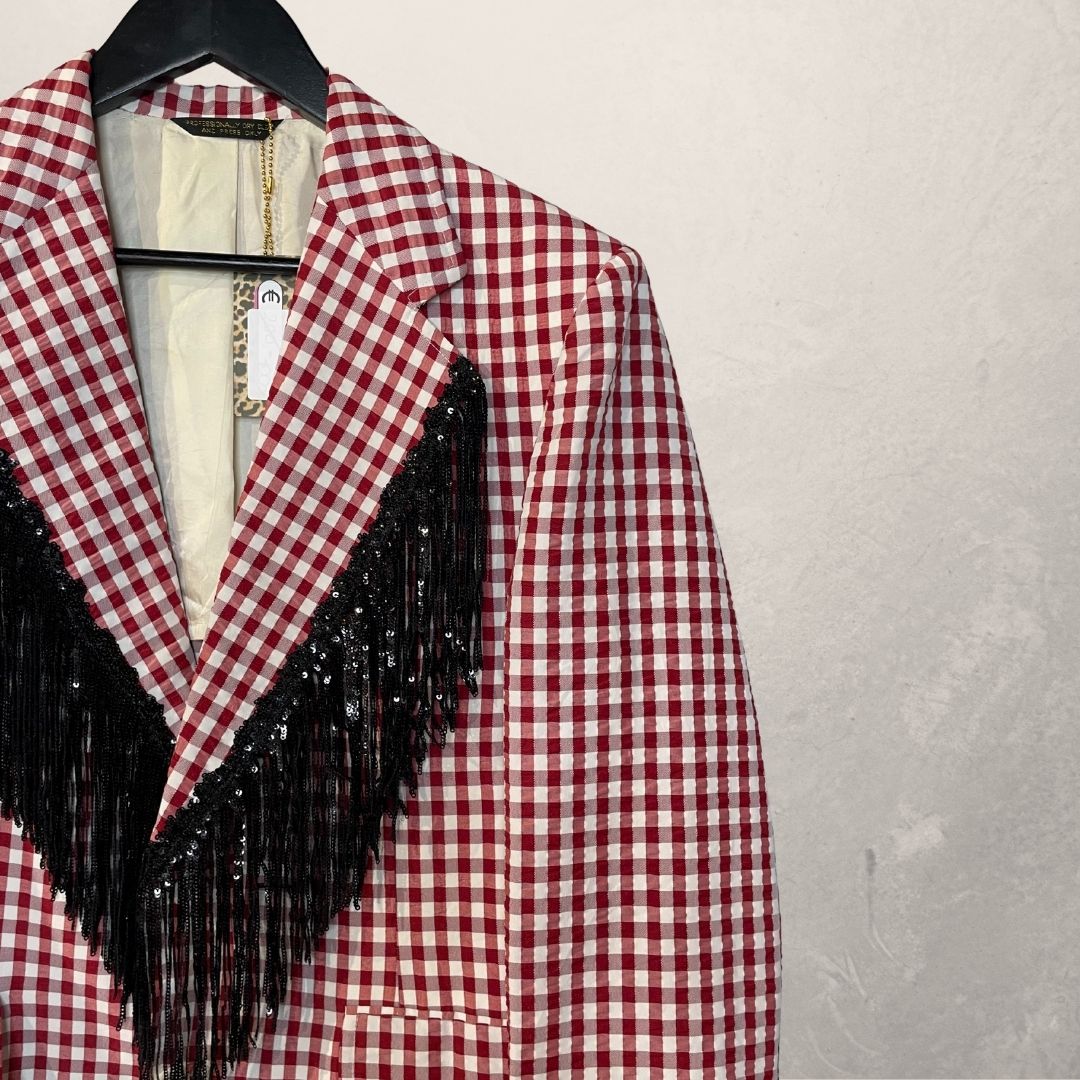 Vintage rood geruit met zwarte glitterfranjes blazer OS- By Holy Disco