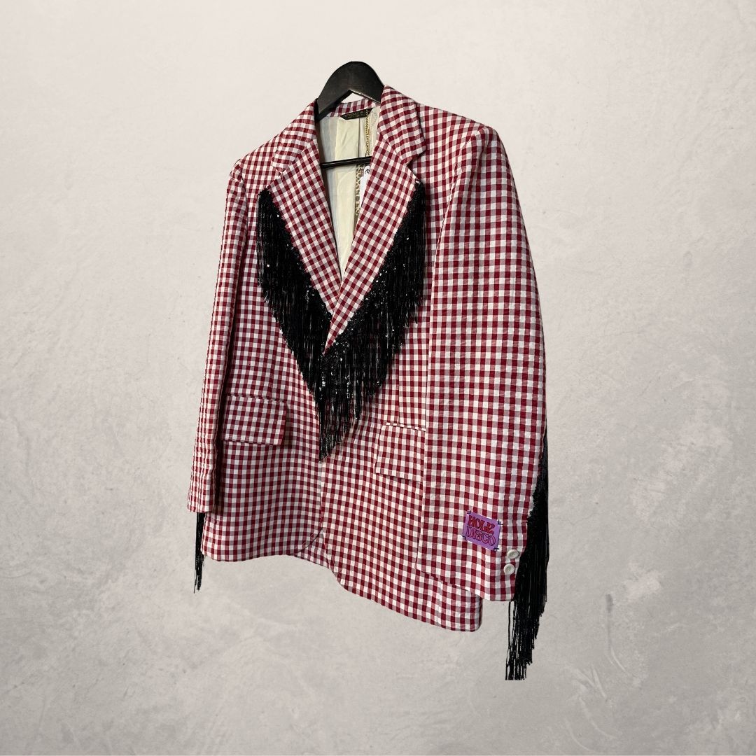 Vintage rood geruit met zwarte glitterfranjes blazer OS- By Holy Disco