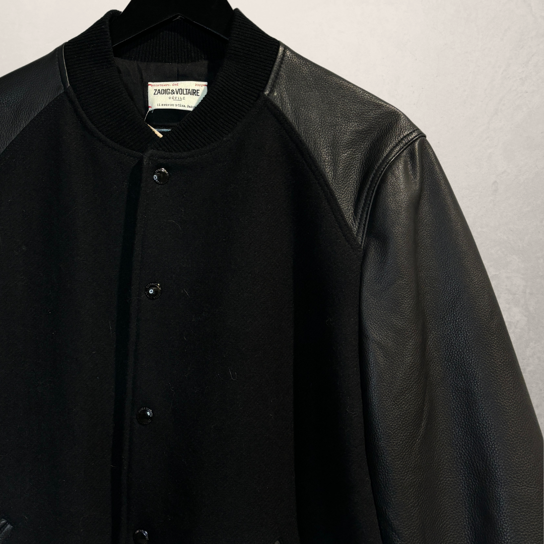 Zadig & Voltaire zwart leren varsityjack met mouwen L