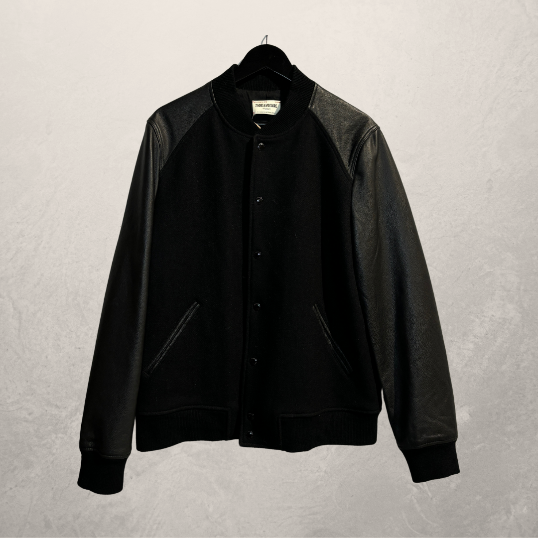Zadig & Voltaire zwart leren varsityjack met mouwen L