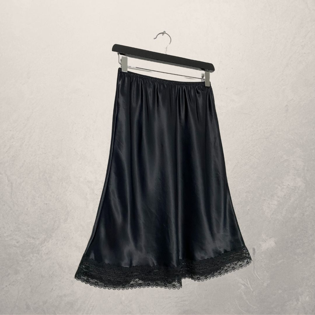 VINTAGE black glossy slip skirt SIZE MEDIUM