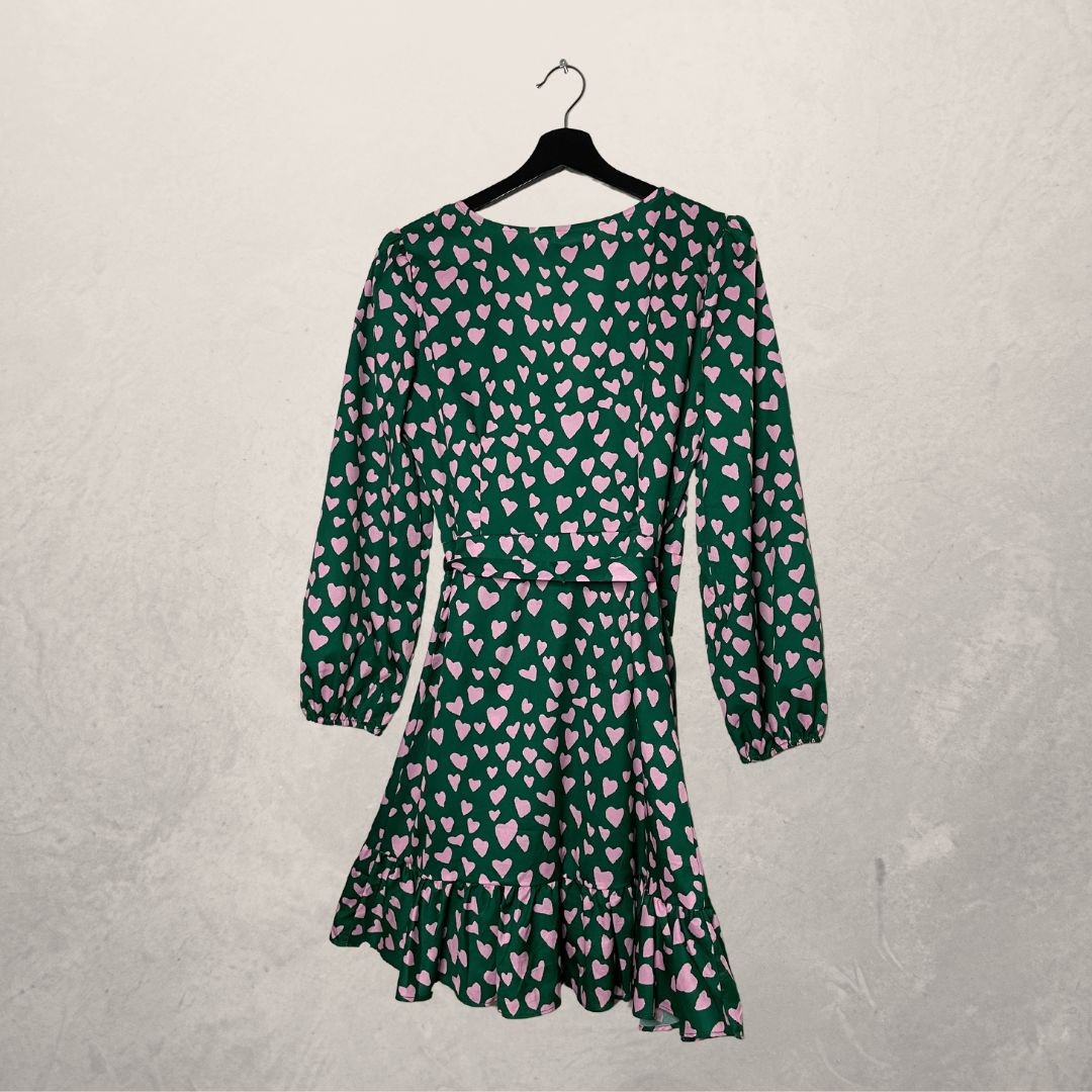 KILIBBI green with pink hearts wrap dress SIZE SMALL