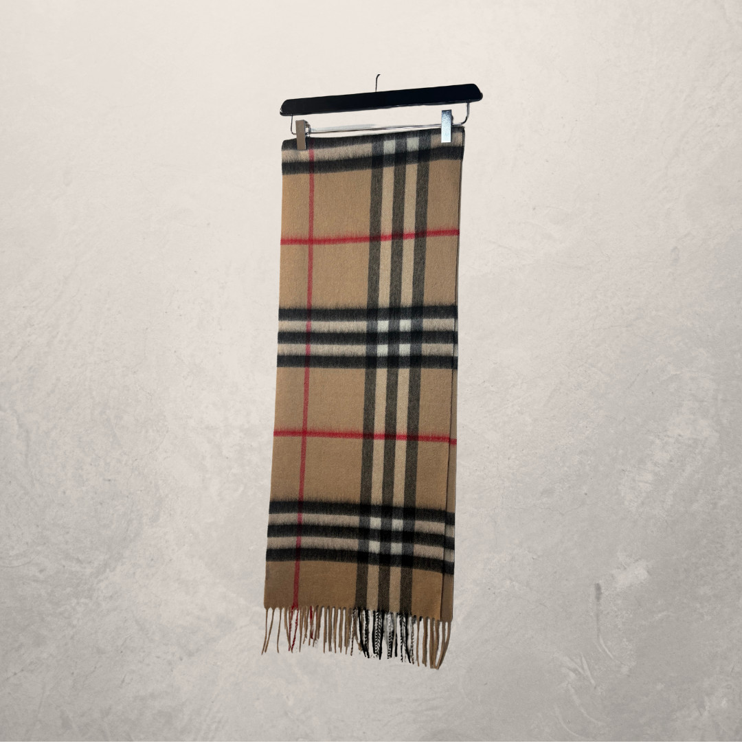 Burberry brown checkered 100% cashmere 170cm by 30 cm scarf OS
