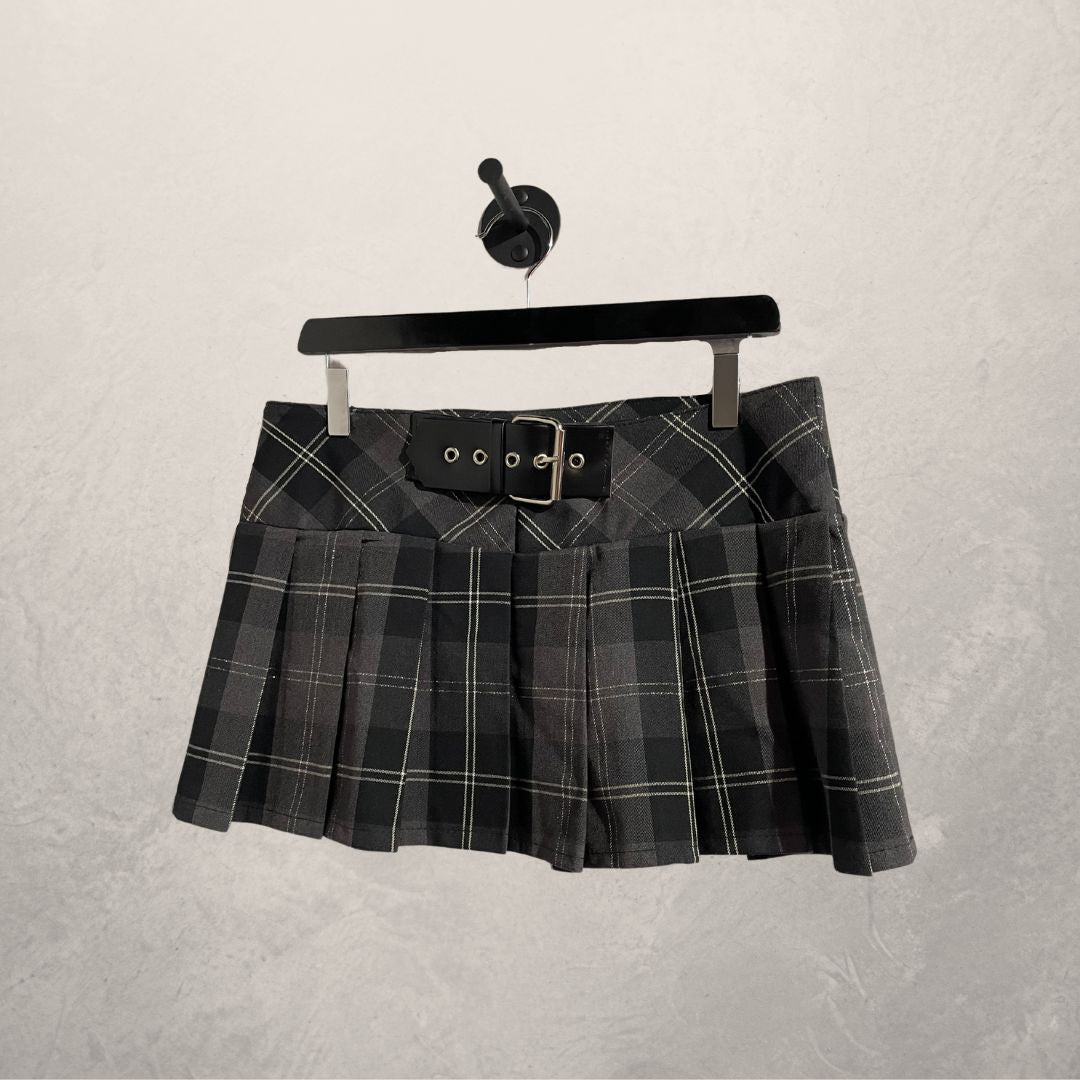 Y2K black plaid skirt L